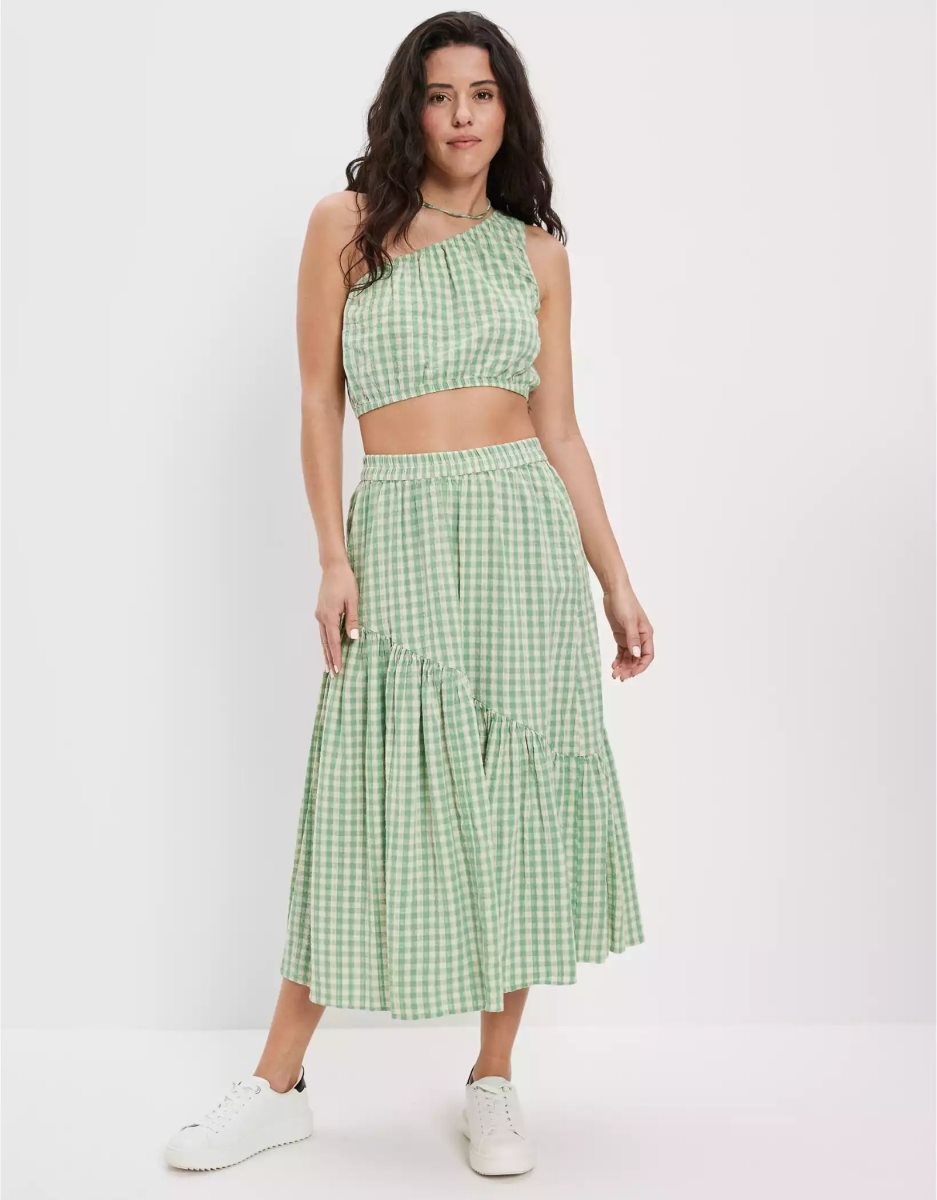 Jupes American Eagle AE Gingham Asymmetrical Tiered Midi Vert Femme | XXY-44850123